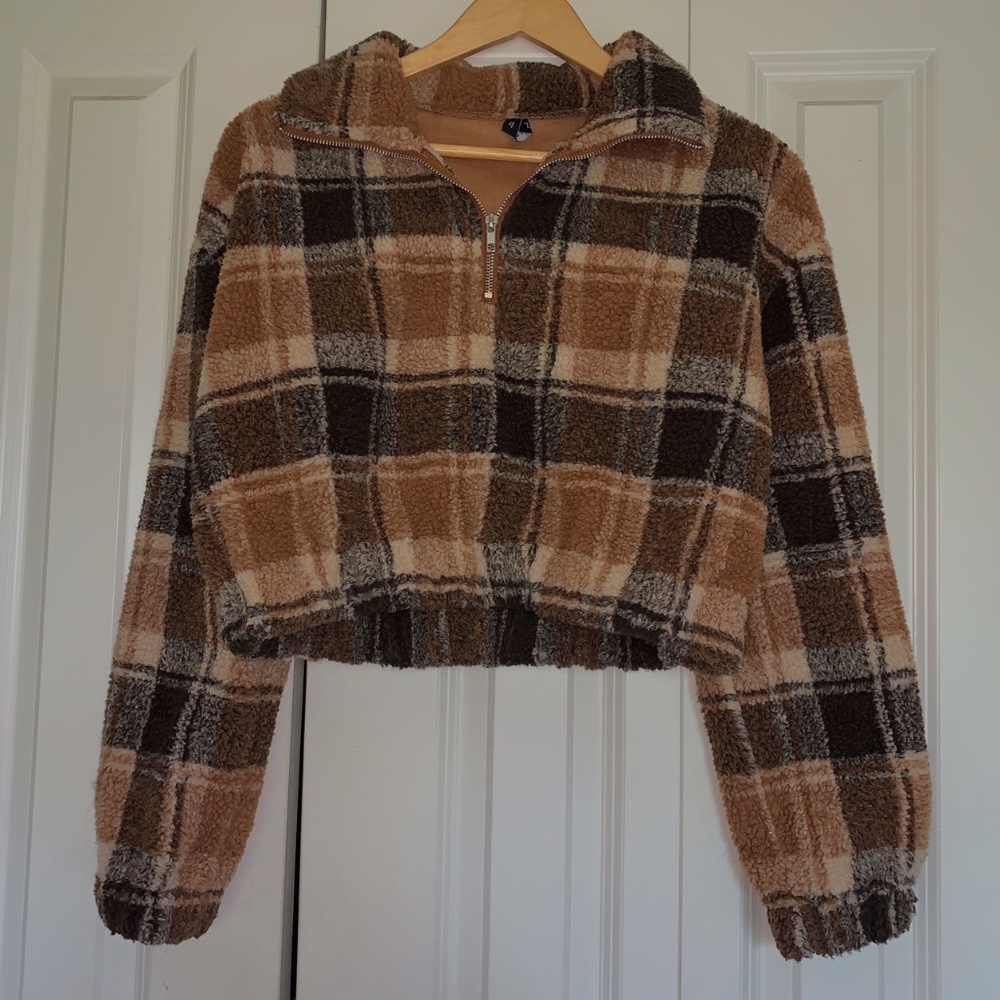 HALF-ZIP FAUX FUR CROPPED SWEATER